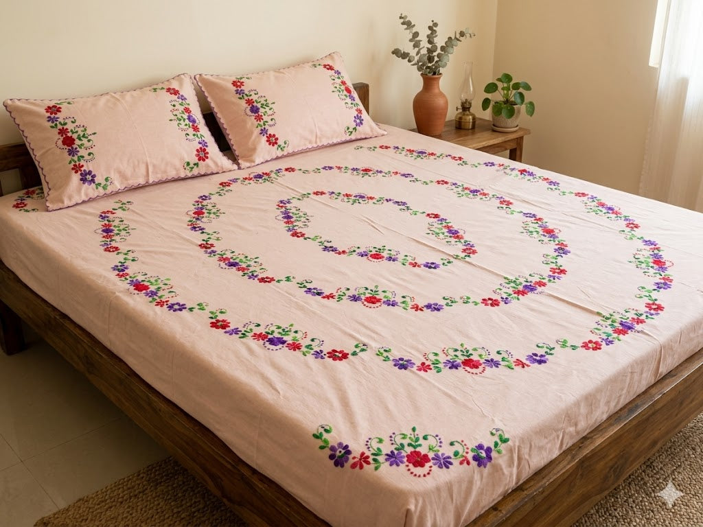 Chikonwala's Hand Embroidered Floral Design Bedsheet