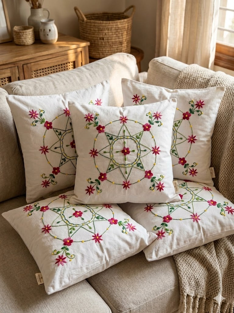 Hand Embroidered Cotton Cushion Covers (Set of 5)