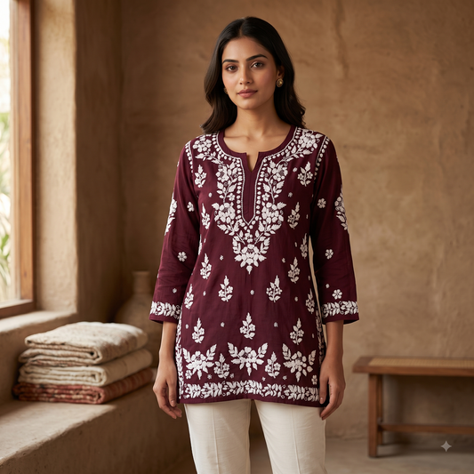 Hand Embroidered Chikankari Short Kurti – 3/4 Sleeve | Modal Fabric - Maroon