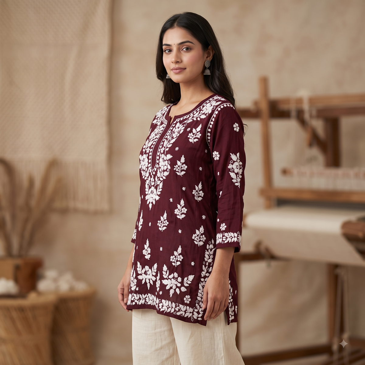 Hand Embroidered Chikankari Short Kurti – 3/4 Sleeve | Modal Fabric - Maroon
