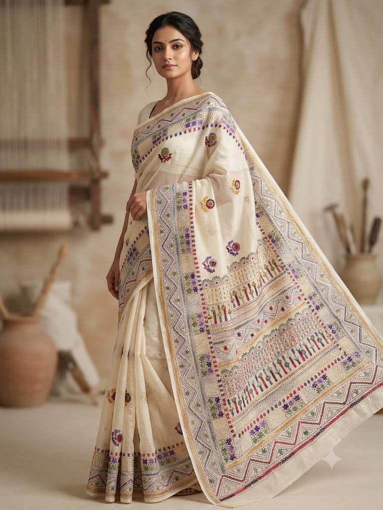 Premium Handcrafted Bullion Stitch Work Chanderi Saree with Blouse Piece