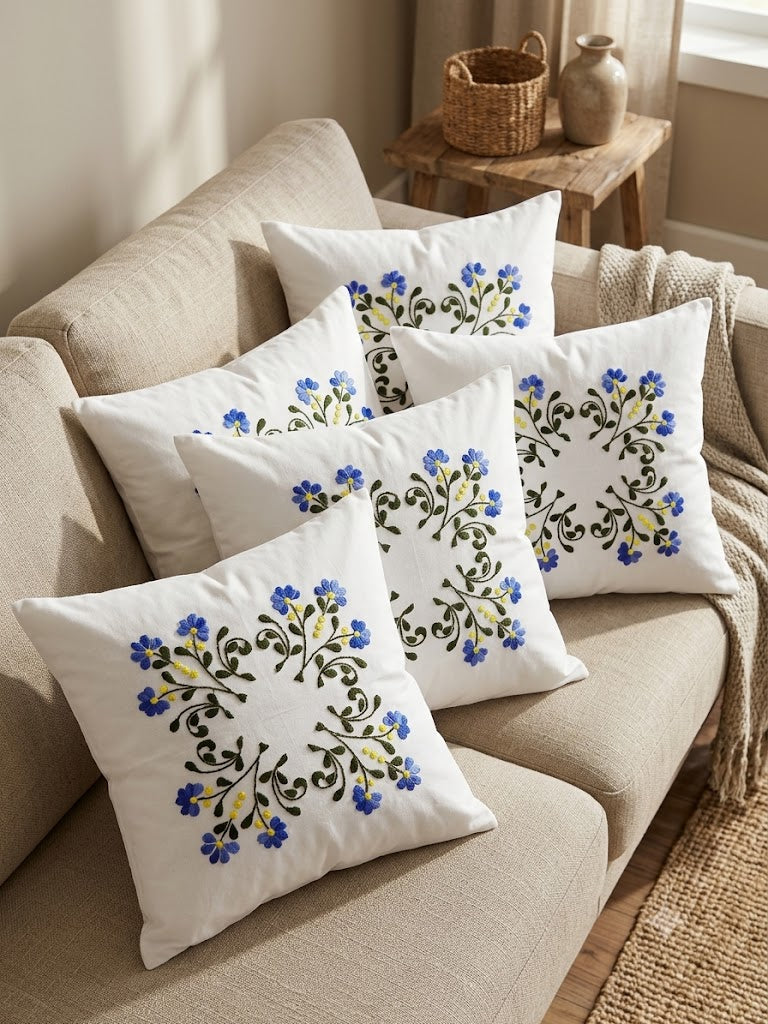 Hand Embroidered Cotton Cushion Covers (Set of 5)