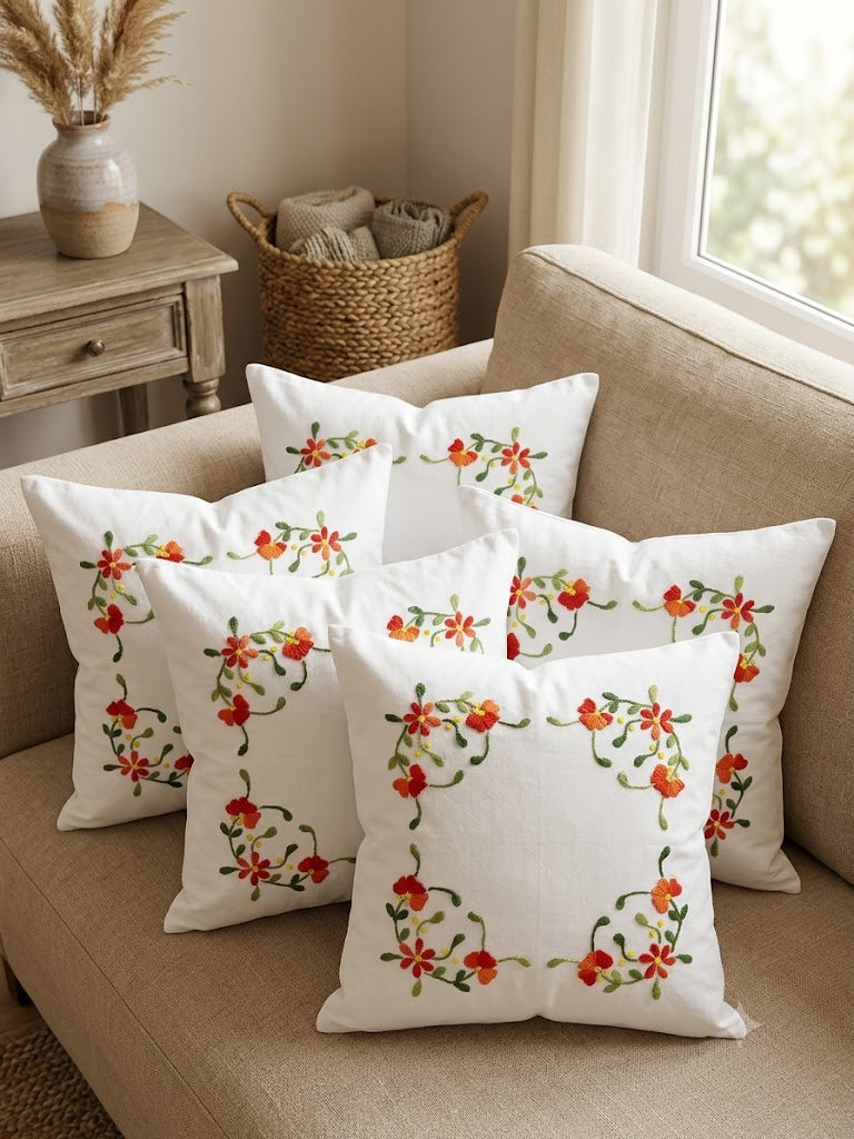 Hand Embroidered Cotton Cushion Covers (Set of 5)