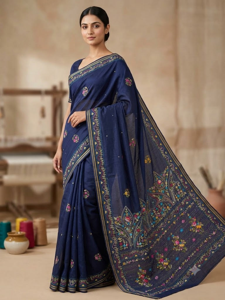 Premium Handcrafted Bullion Stitch Work Chanderi Saree with Blouse Piece
