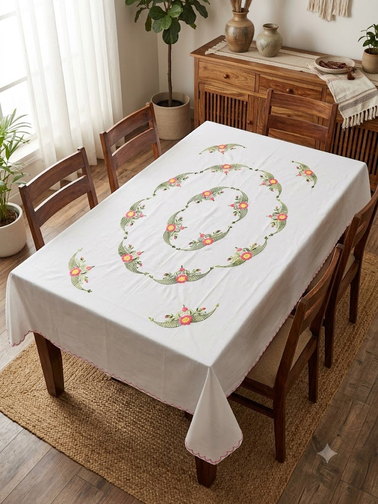 Hand Embroidered Floral Six Seater Table Cover