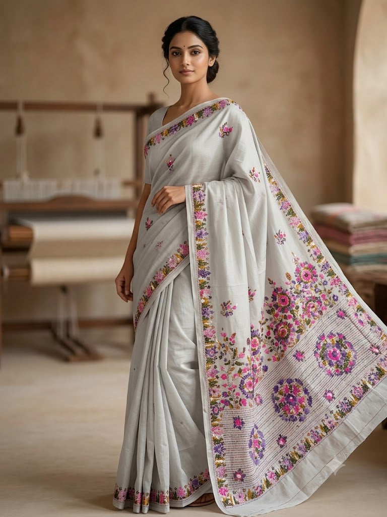 Premium Handcrafted Bullion Stitch Work Chanderi Saree with Blouse Piece