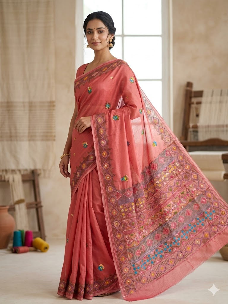 Premium Handcrafted Bullion Stitch Work Chanderi Saree with Blouse Piece