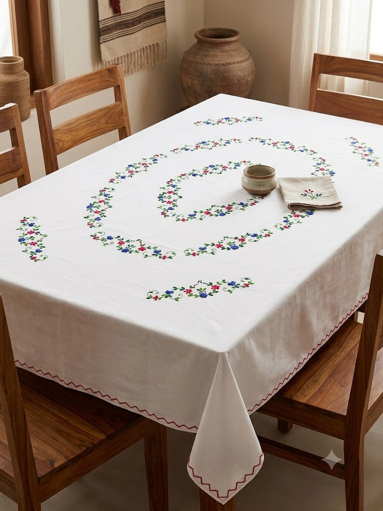 Hand Embroidered Floral Six Seater Table Cover