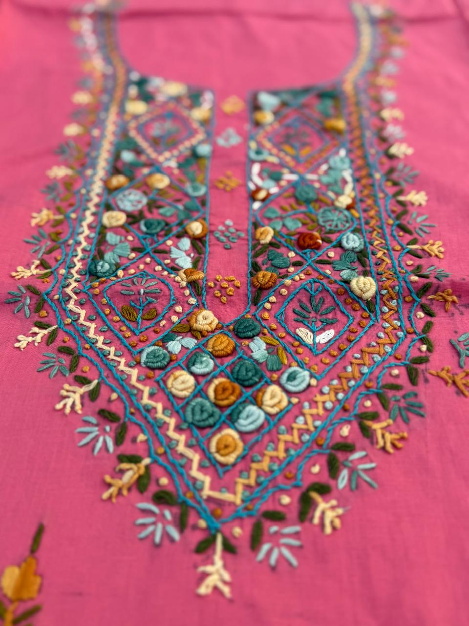 Hand Embroidered Pure Cotton Kurti Material | 3 Meter Premium Fabric | Made in India