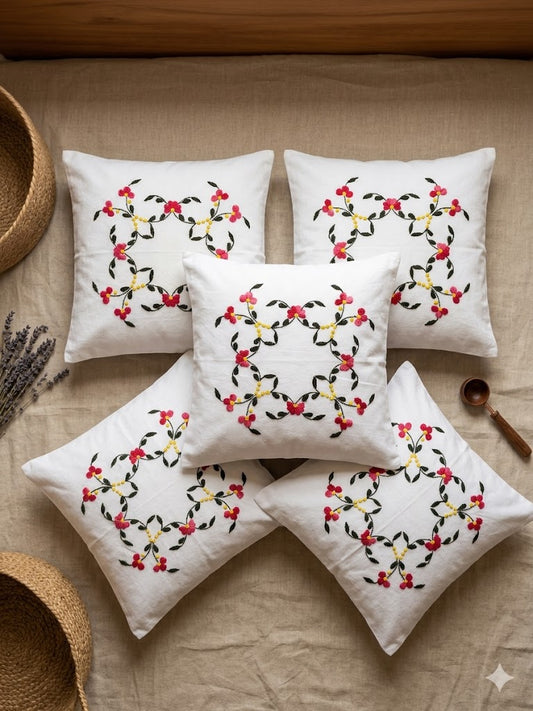 Hand Embroidered Cotton Cushion Covers (Set of 5)