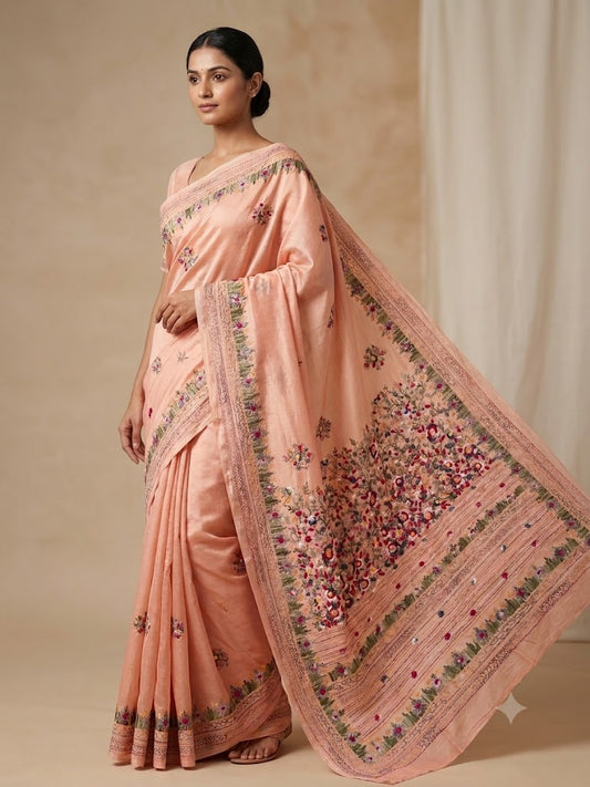 Premium Handcrafted Bullion Stitch Work Chanderi Saree with Blouse Piece