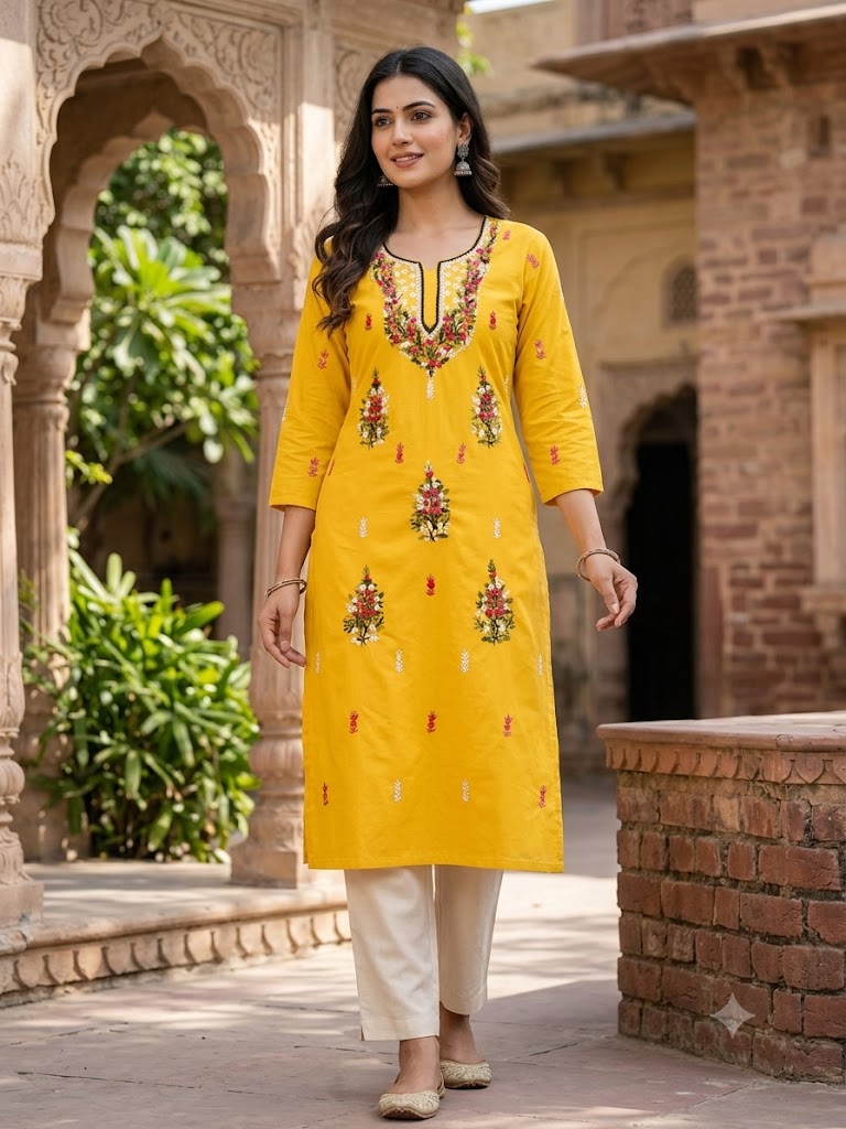 Hand Embroidered Pure Cotton Kurti Material | 3 Meter Premium Fabric | Made in India