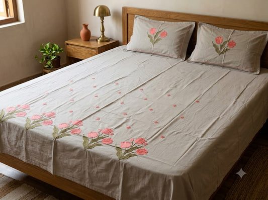 Premium Designer Embroidered Satin Cotton Bedsheet Set