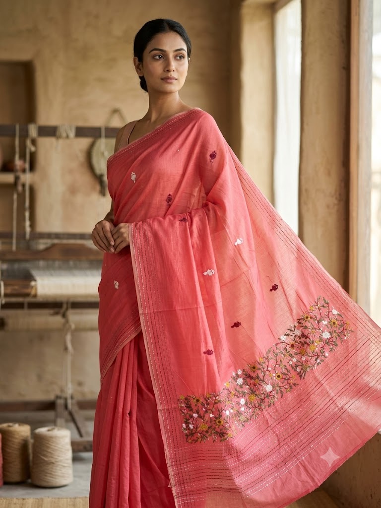Premium Handcrafted Bullion Stitch Work Chanderi Saree with Blouse Piece