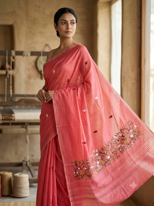 Premium Handcrafted Bullion Stitch Work Chanderi Saree with Blouse Piece