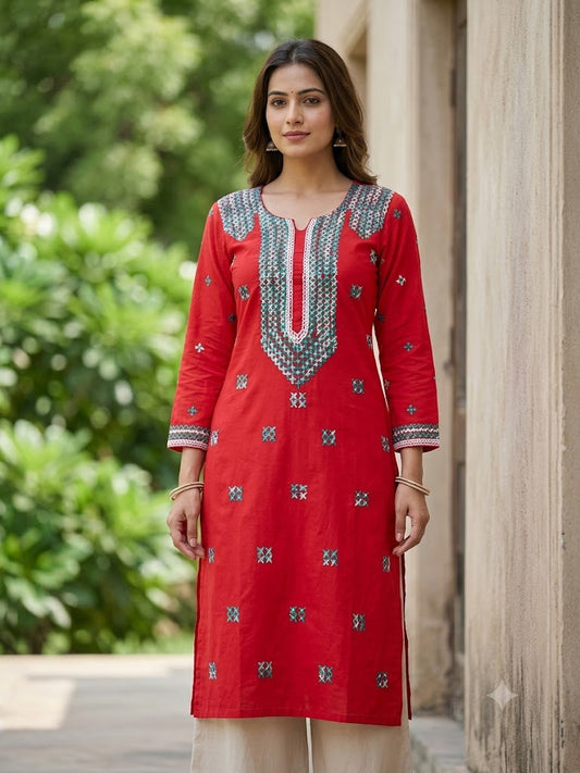 Hand Embroidered Pure Cotton Kurti Material | 3 Meter Premium Fabric | Made in India