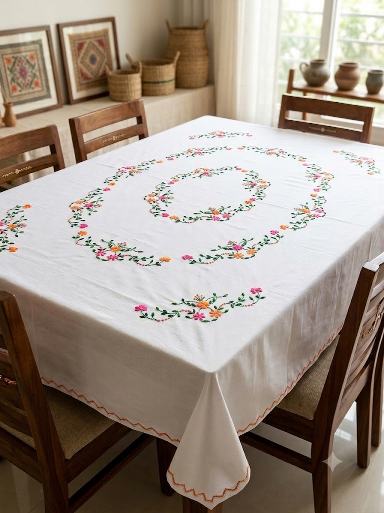 Hand Embroidered Floral Six Seater Table Cover
