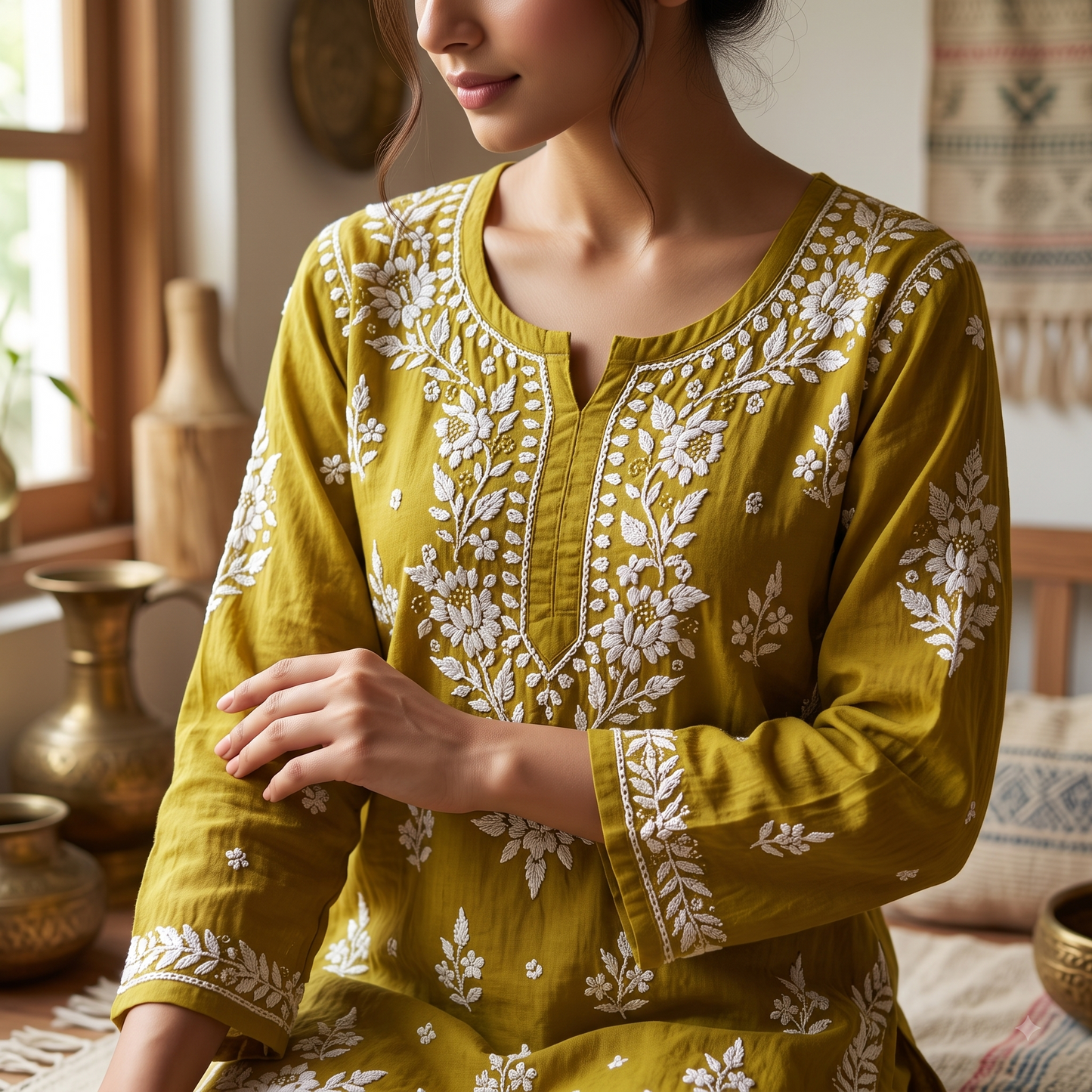 Hand Embroidered Chikankari Short Kurti – 3/4 Sleeve | Modal Fabric - Olive Green