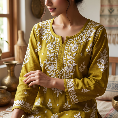 Hand Embroidered Chikankari Short Kurti – 3/4 Sleeve | Modal Fabric - Olive Green