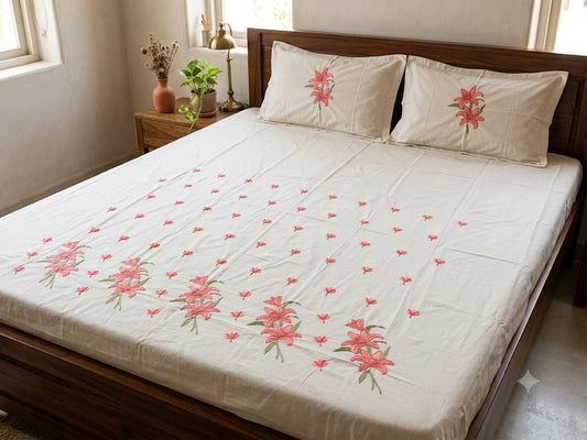 Premium Designer Embroidered Satin Cotton Bedsheet Set