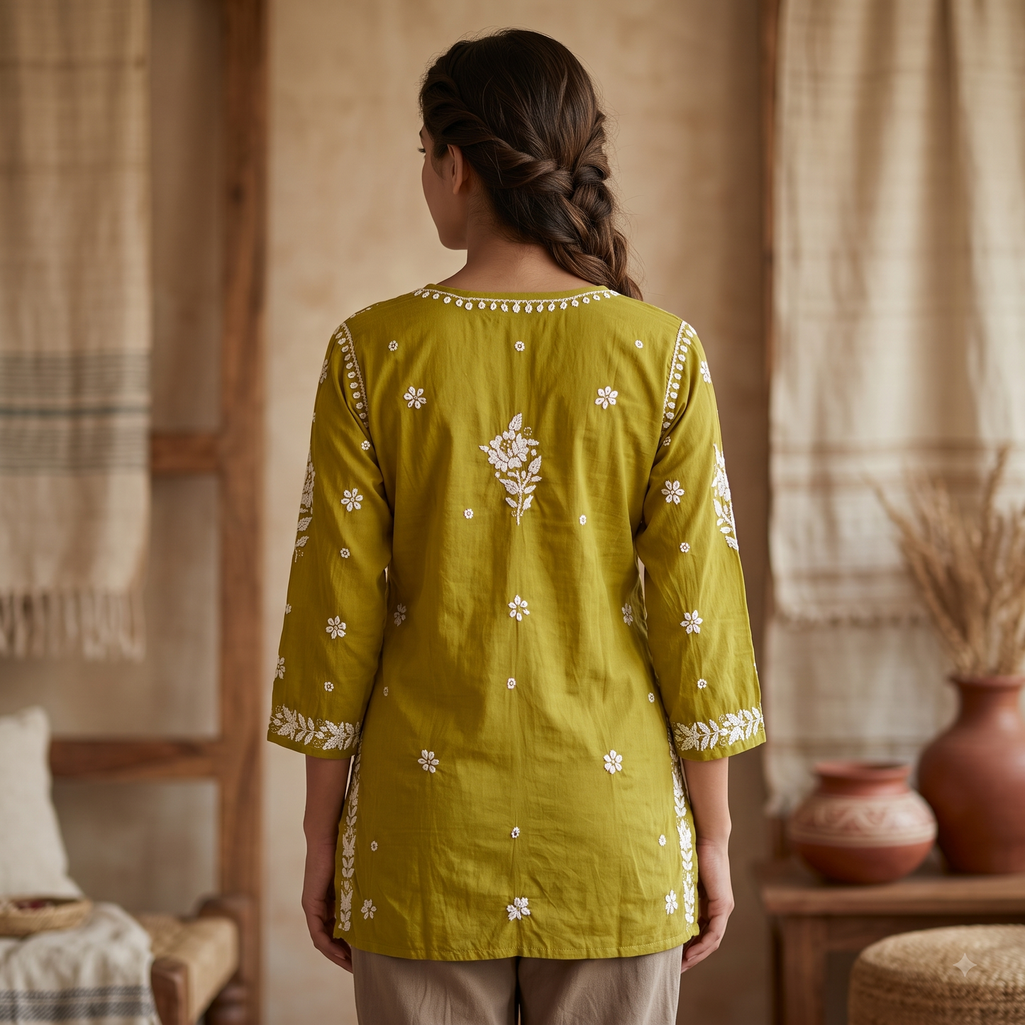 Hand Embroidered Chikankari Short Kurti – 3/4 Sleeve | Modal Fabric - Olive Green