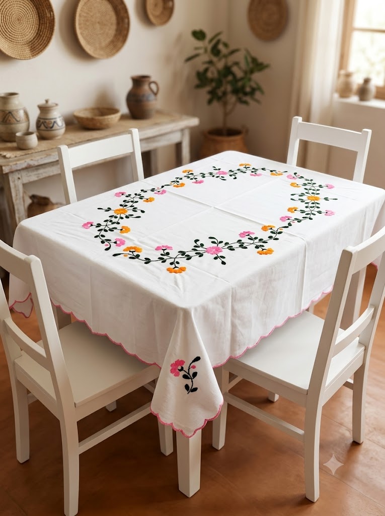 Hand Embroidered Four Seater Floral Table Cover