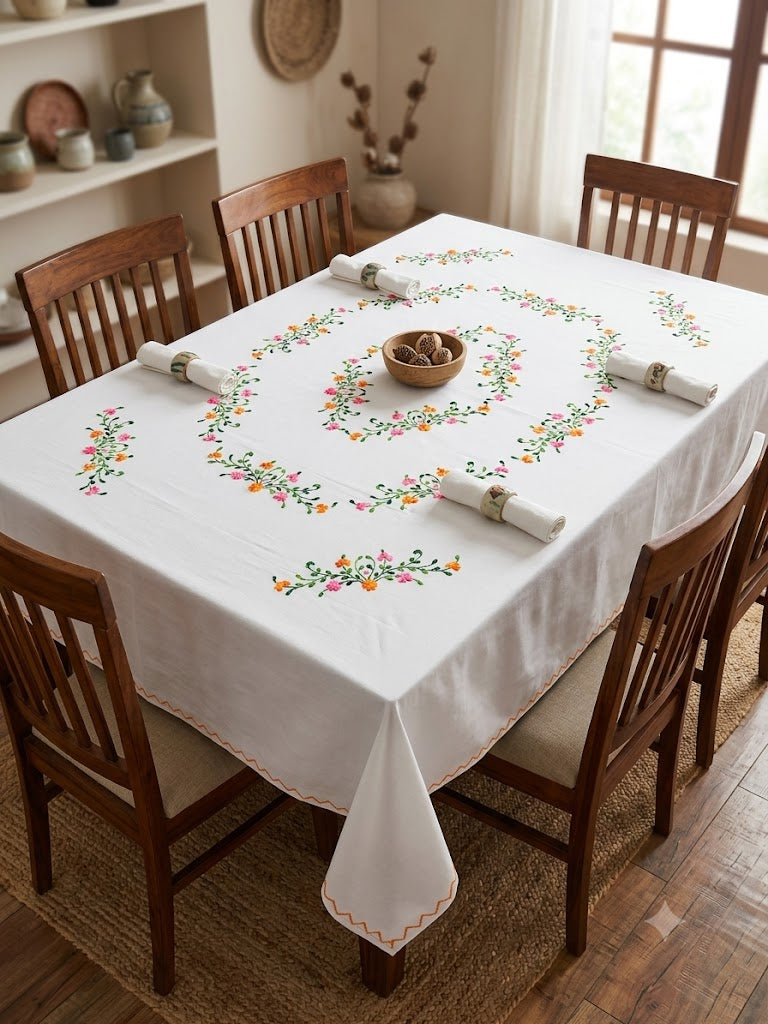 Hand Embroidered Floral Six Seater Table Cover