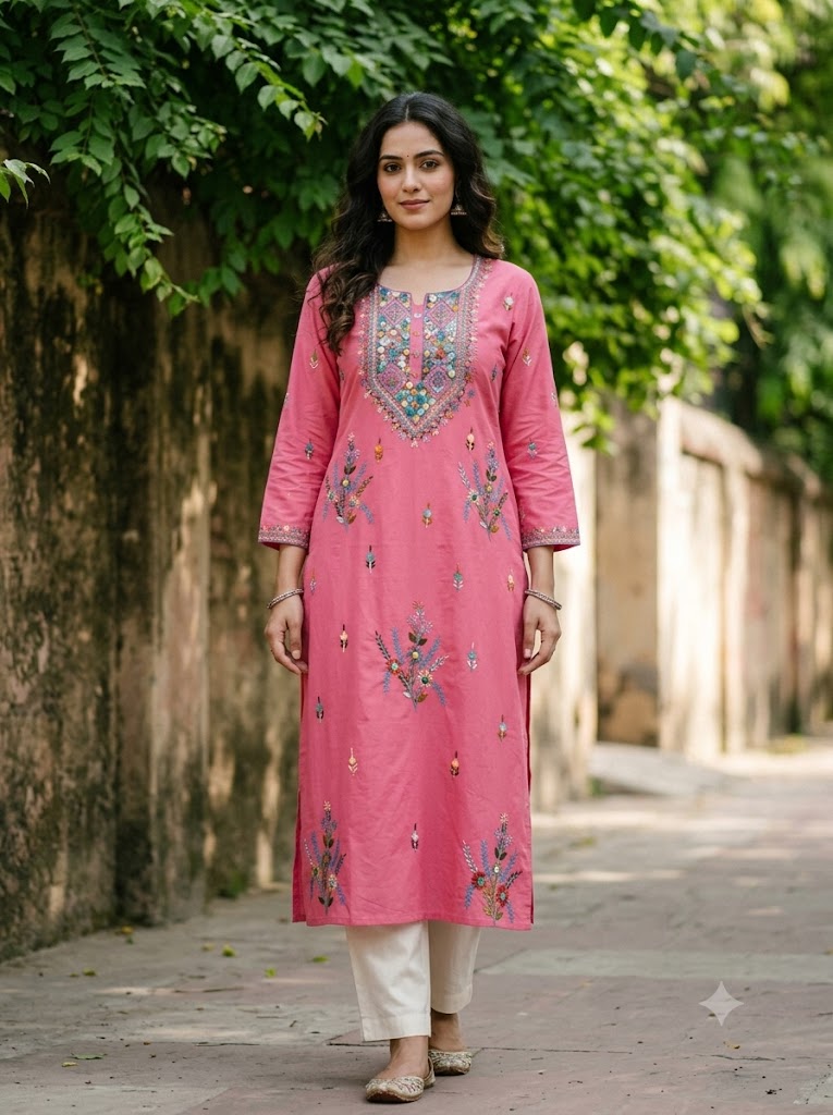 Hand Embroidered Pure Cotton Kurti Material | 3 Meter Premium Fabric | Made in India