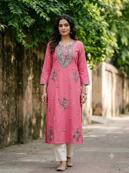 Hand Embroidered Pure Cotton Kurti Material | 3 Meter Premium Fabric | Made in India