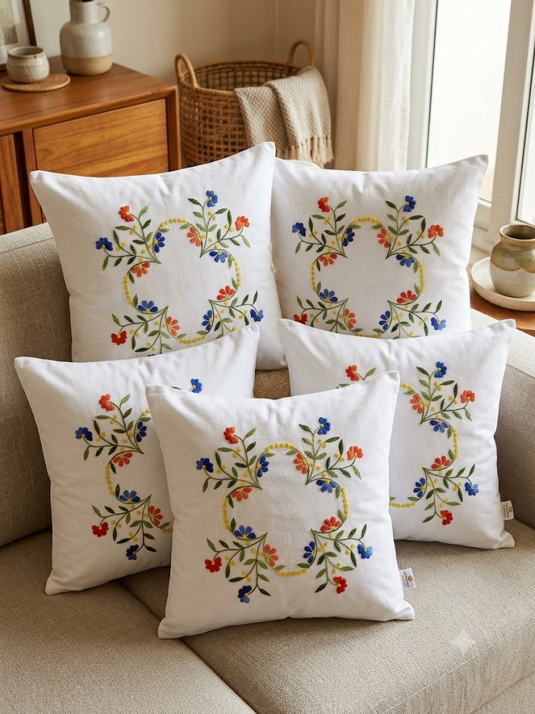 Hand Embroidered Cotton Cushion Covers (Set of 5)