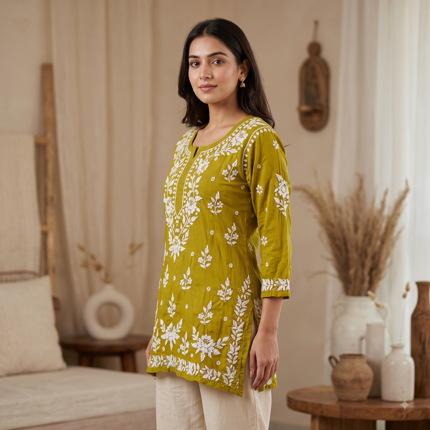 Hand Embroidered Chikankari Short Kurti – 3/4 Sleeve | Modal Fabric - Olive Green