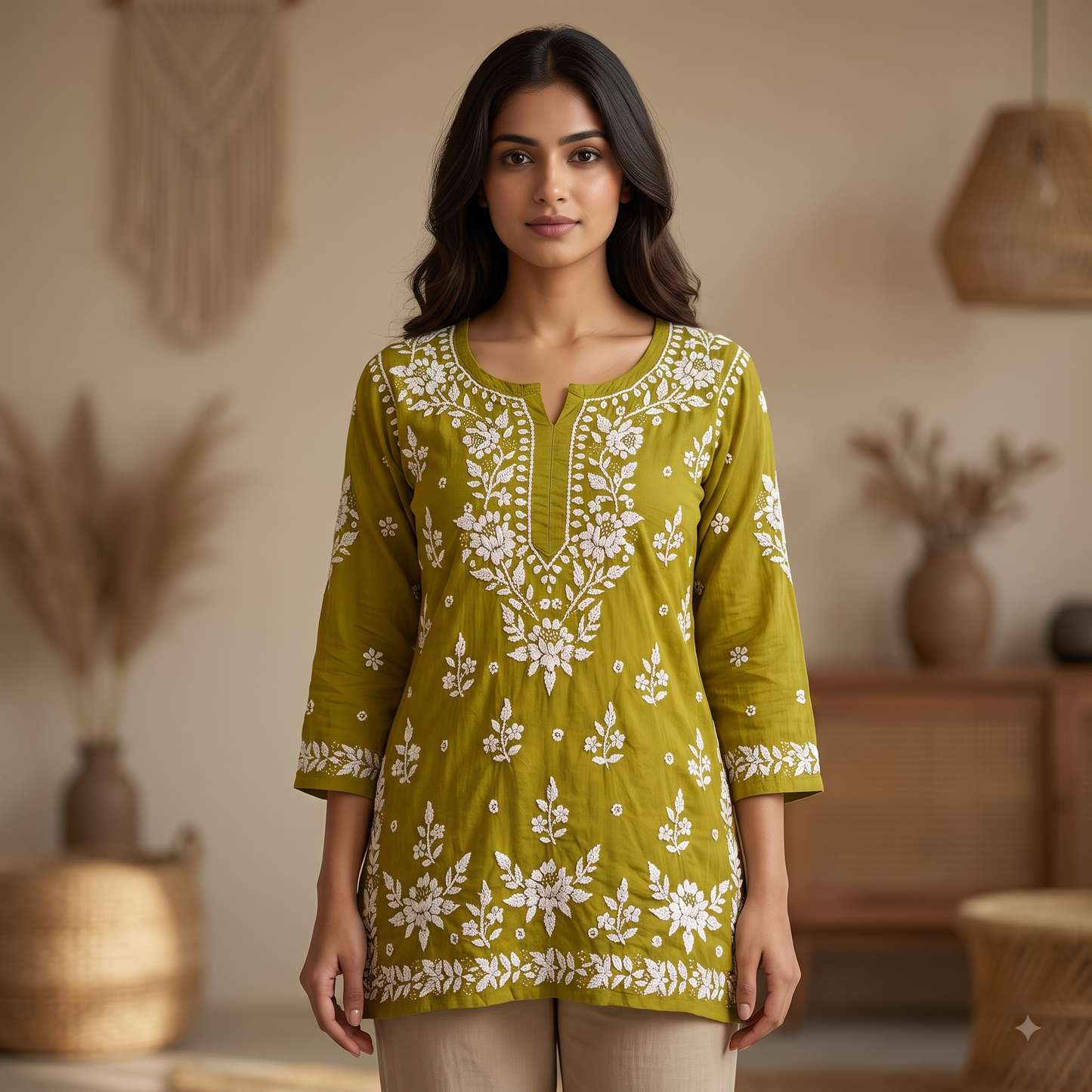 Hand Embroidered Chikankari Short Kurti – 3/4 Sleeve | Modal Fabric - Olive Green
