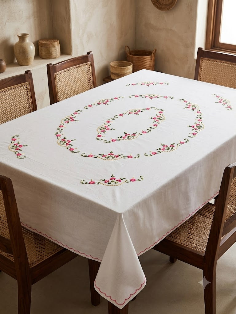 Hand Embroidered Floral Six Seater Table Cover