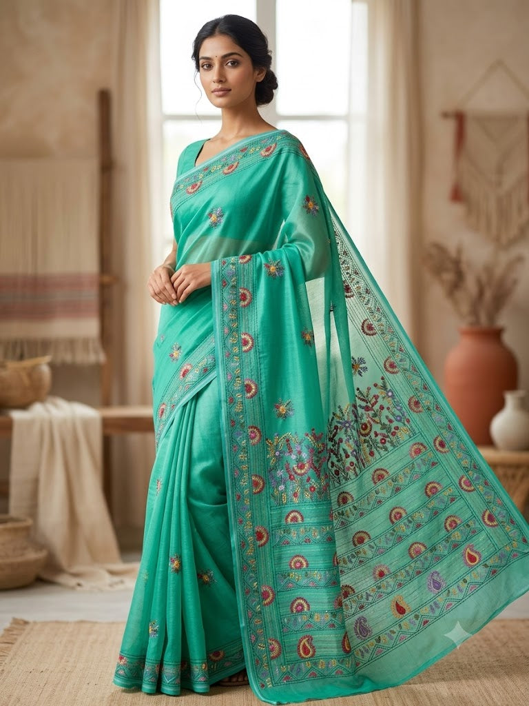 Premium Handcrafted Bullion Stitch Work Chanderi Saree with Blouse Piece