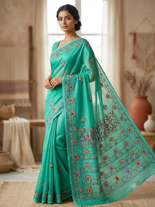 Premium Handcrafted Bullion Stitch Work Chanderi Saree with Blouse Piece