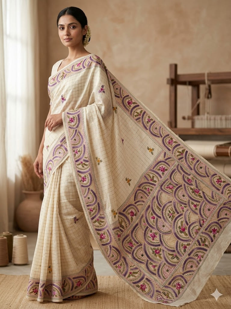 Premium Handcrafted Bullion Stitch Work Chanderi Saree with Blouse Piece