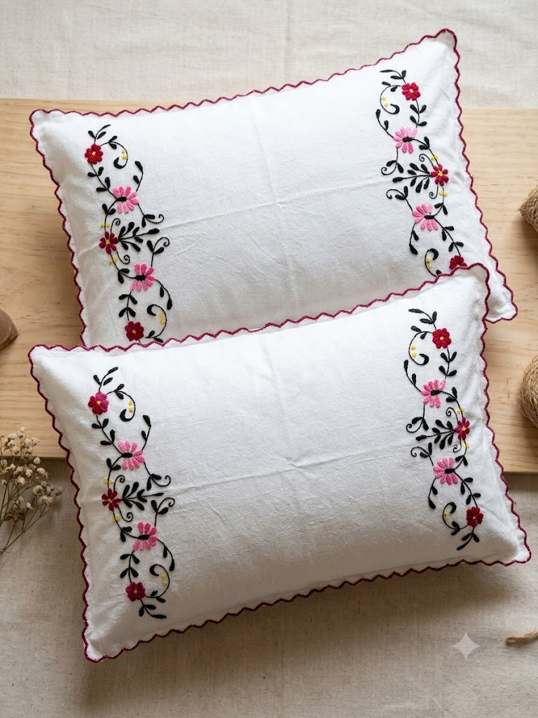 Chikonwala Hand-Embroidered Floral Pillow Cover Set– Set of 2