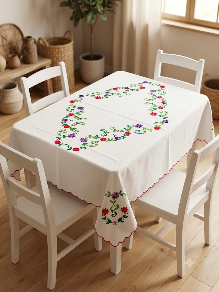 Hand Embroidered Four Seater Floral Table Cover
