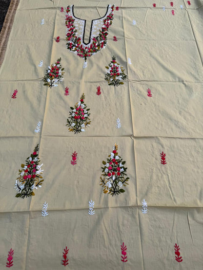 Hand Embroidered Pure Cotton Kurti Material | 3 Meter Premium Fabric | Made in India