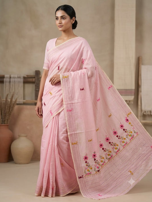 Premium Handcrafted Bullion Stitch Work Chanderi Saree with Blouse Piece