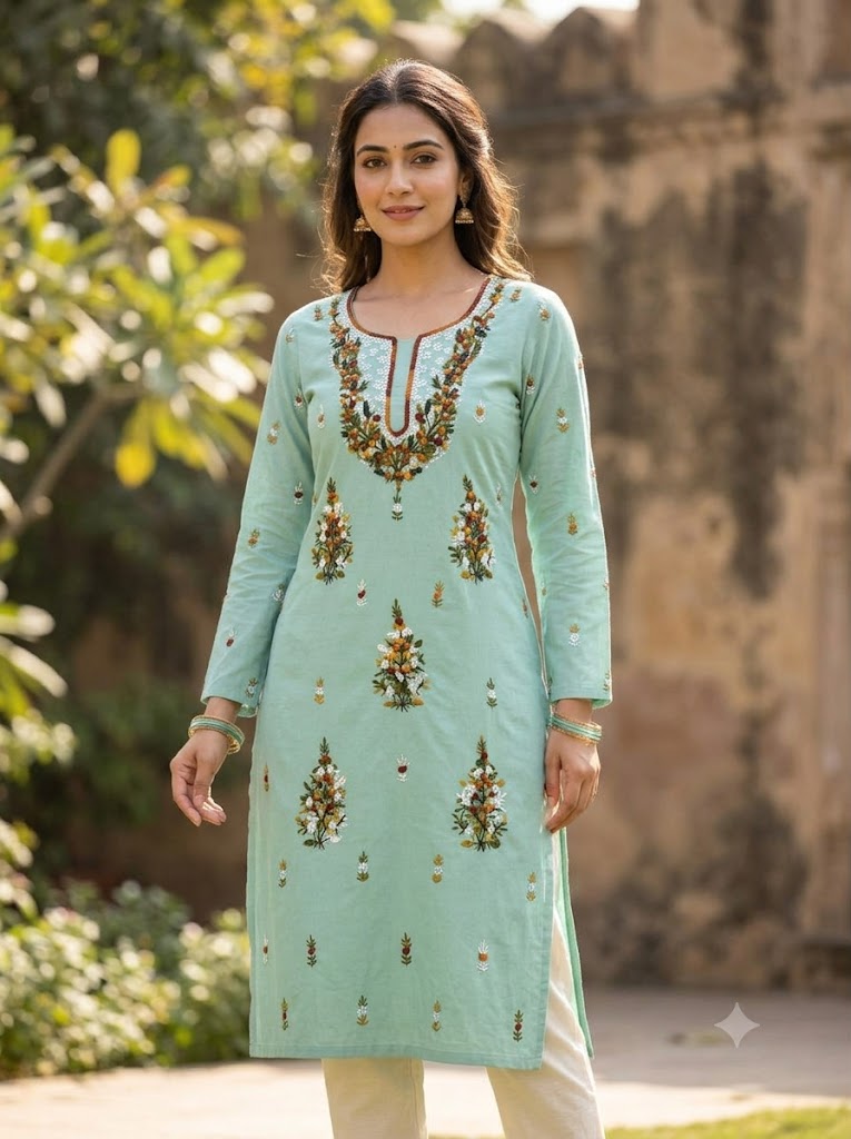 Hand Embroidered Pure Cotton Kurti Material | 3 Meter Premium Fabric | Made in India