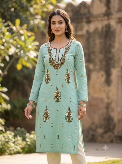 Hand Embroidered Pure Cotton Kurti Material | 3 Meter Premium Fabric | Made in India