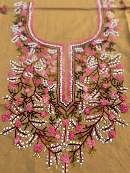 Hand Embroidered Pure Cotton Kurti Material | 3 Meter Premium Fabric | Made in India