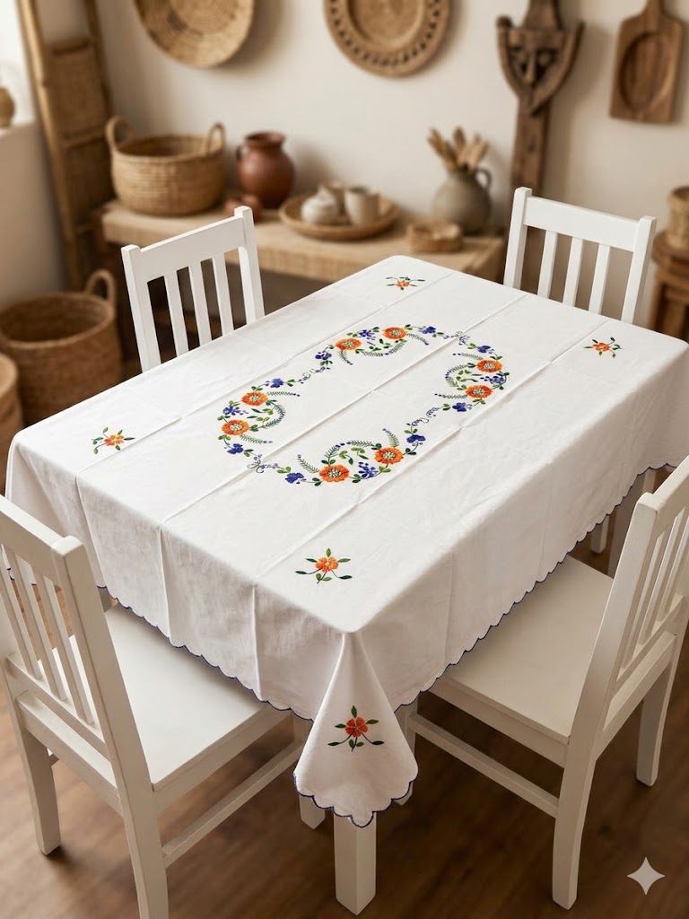 Hand Embroidered Four Seater Floral Table Cover