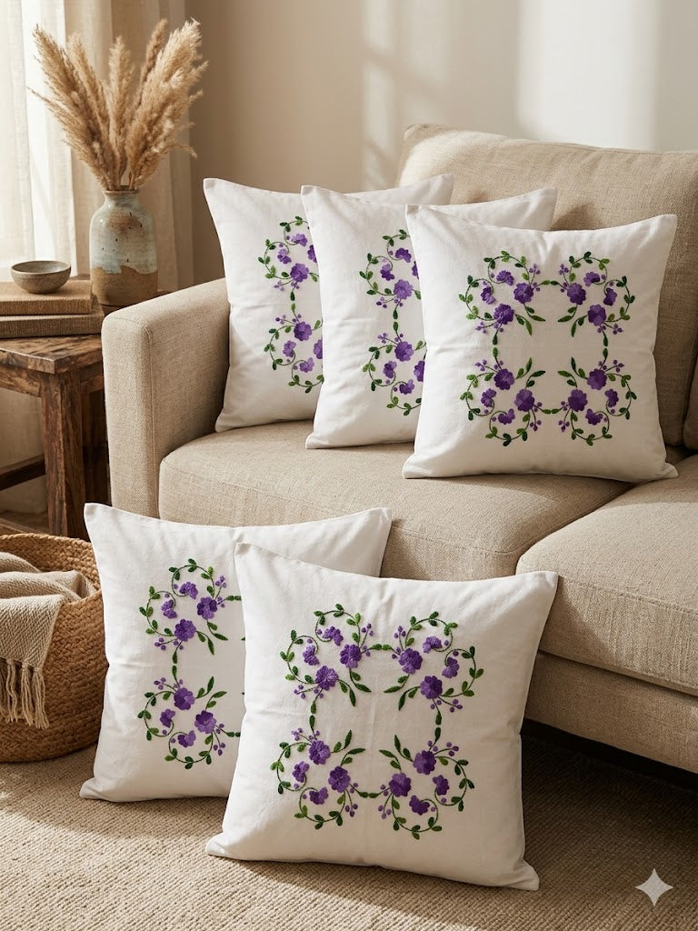 Hand Embroidered Cotton Cushion Covers (Set of 5)