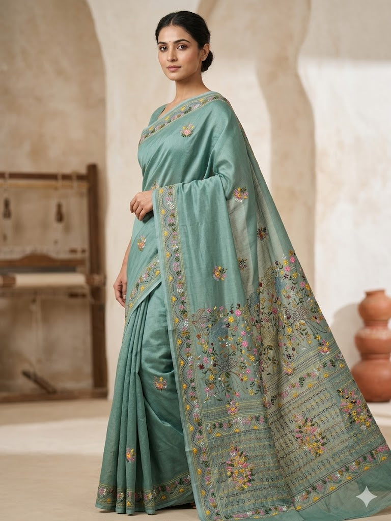 Premium Handcrafted Bullion Stitch Work Chanderi Saree with Blouse Piece