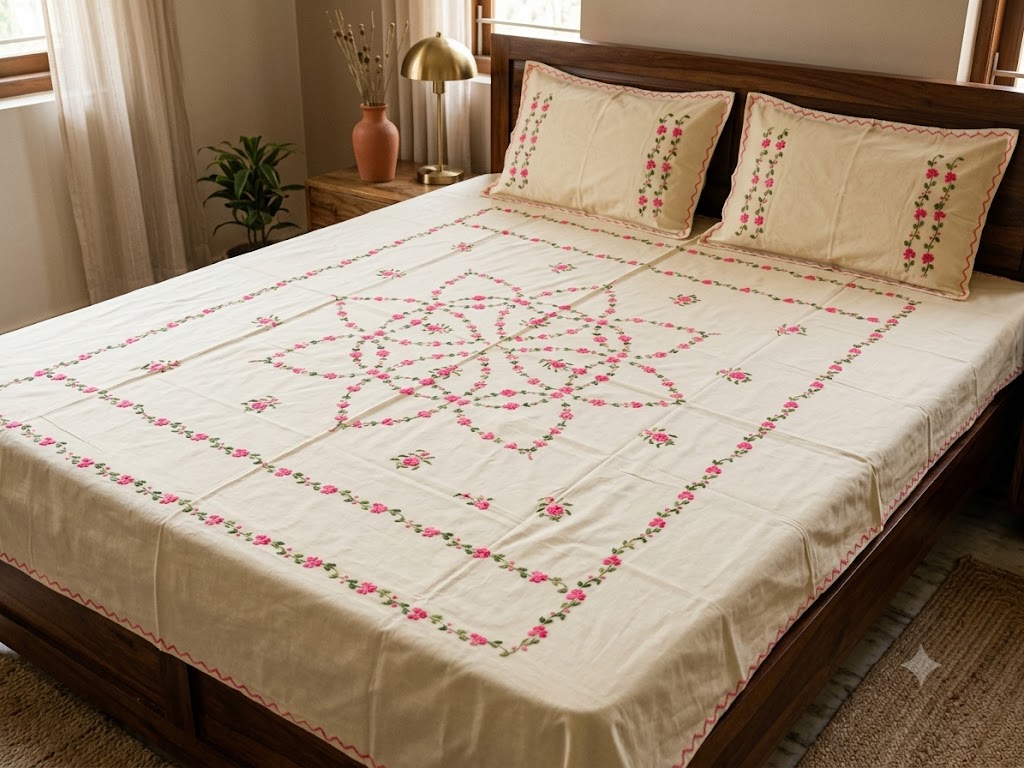 Chikonwala's Hand Embroidered Floral Design Bedsheet