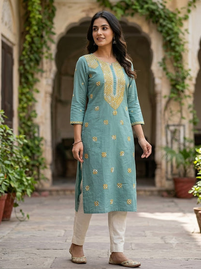 Hand Embroidered Pure Cotton Kurti Material | 3 Meter Premium Fabric | Made in India