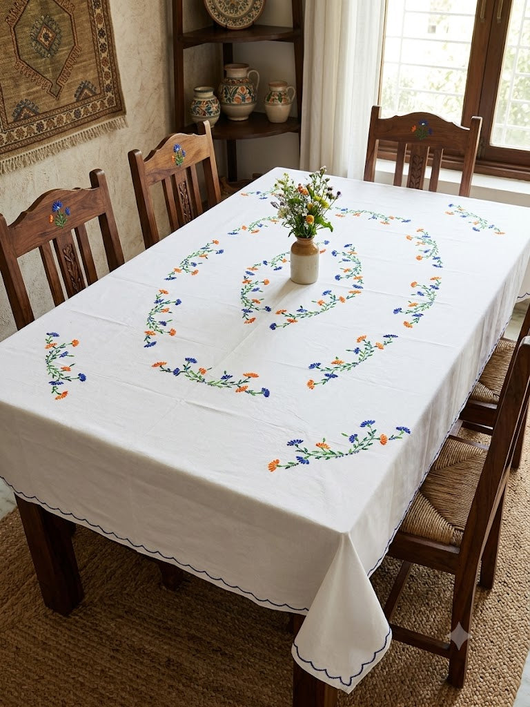 Hand Embroidered Floral Six Seater Table Cover