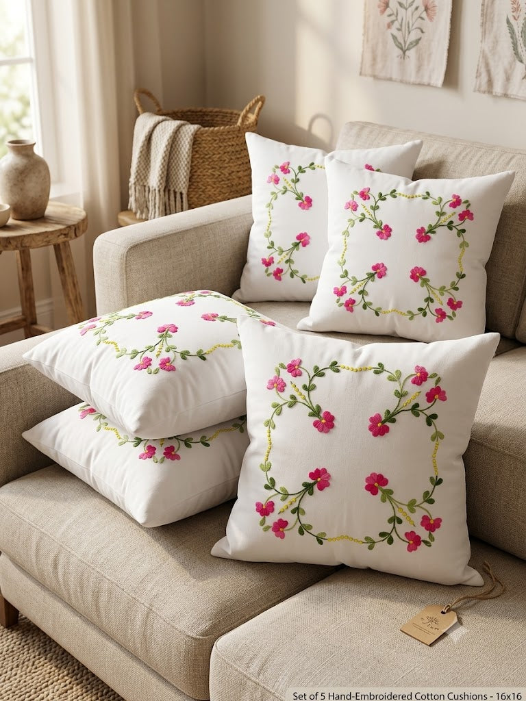 Hand Embroidered Cotton Cushion Covers (Set of 5)